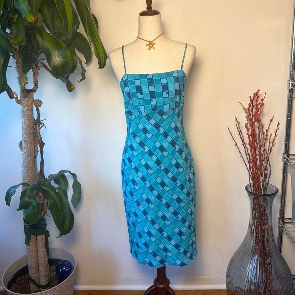 Vintage 90s Charlotte Russe Teal Blue Checkered Square Neck Slip Midi Dress M